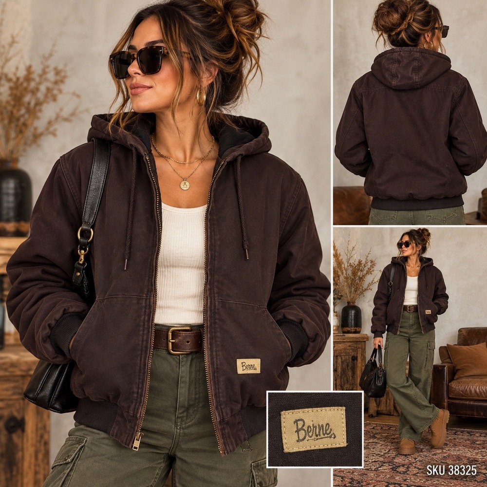 Berne Hooded Work Jacket Womens Large Brown Canvas Quilted Lined WHJ51DBN 38325